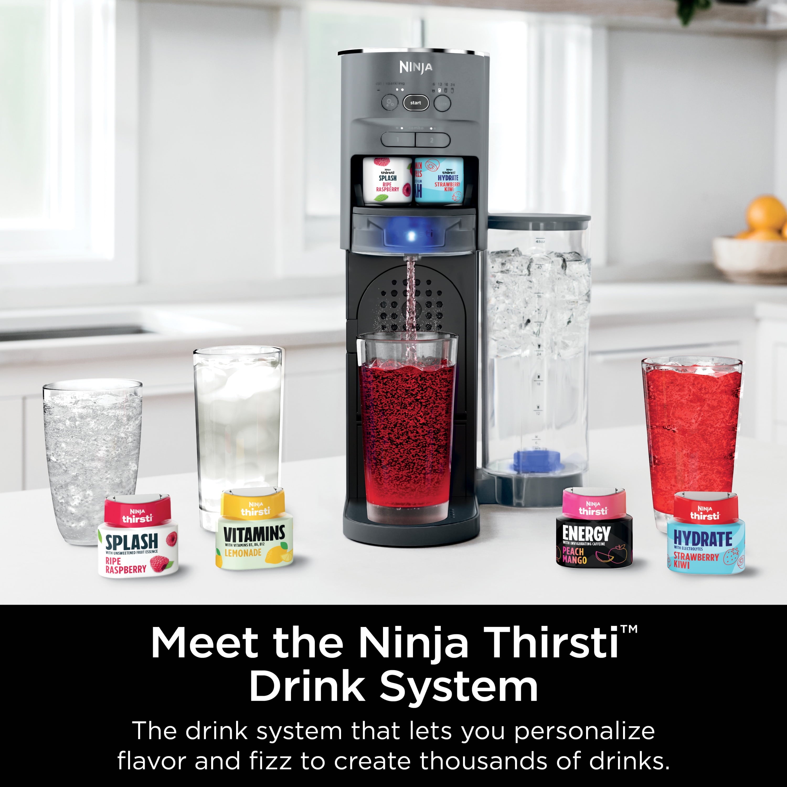 Ninja Thirsti Drink System Complete Still and Sparkling Customization Drink Kit with CO2 Canister, Flavors, and 48oz Reservoir