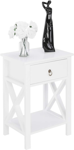 Bonnlo White Nightstand with Drawer and Shelf, Farmhouse Night Stands