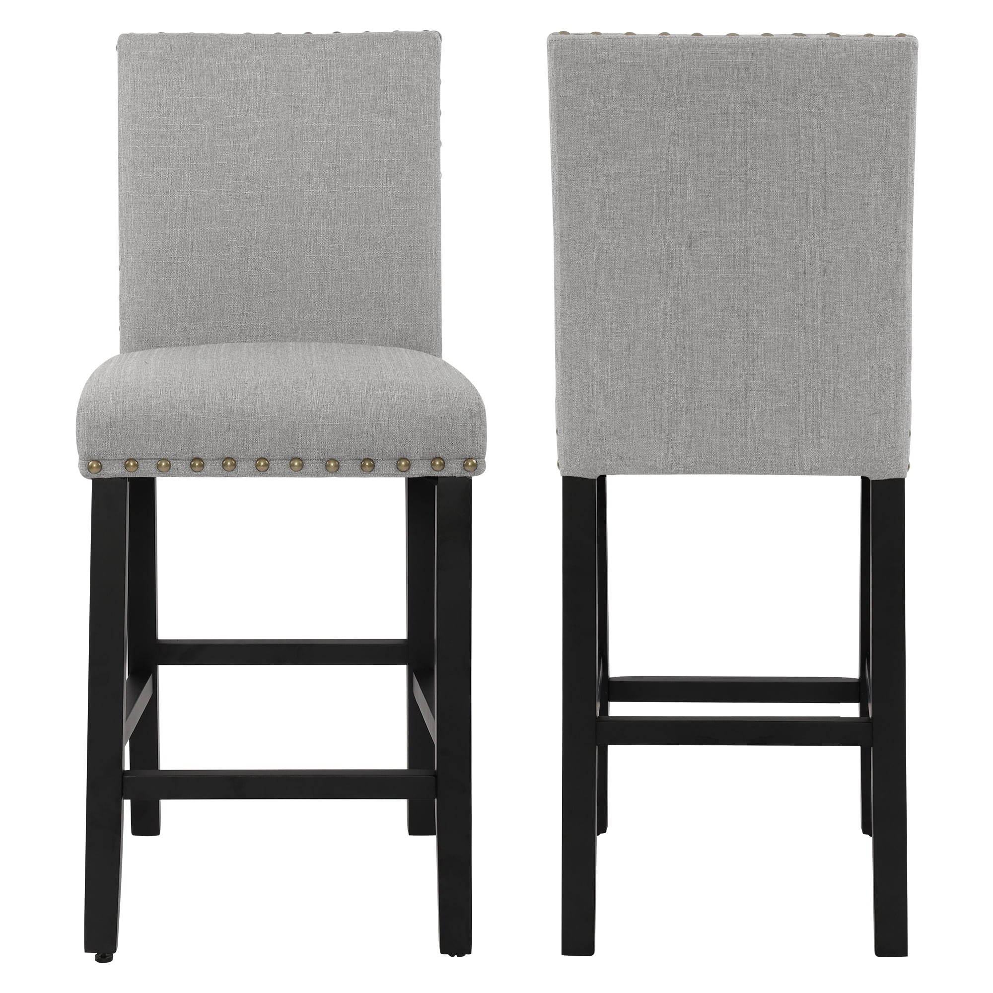 Counter Height Fabric Upholstered Wooden Chairs Barstools with Nailhead Trim in Gray, Set of 2