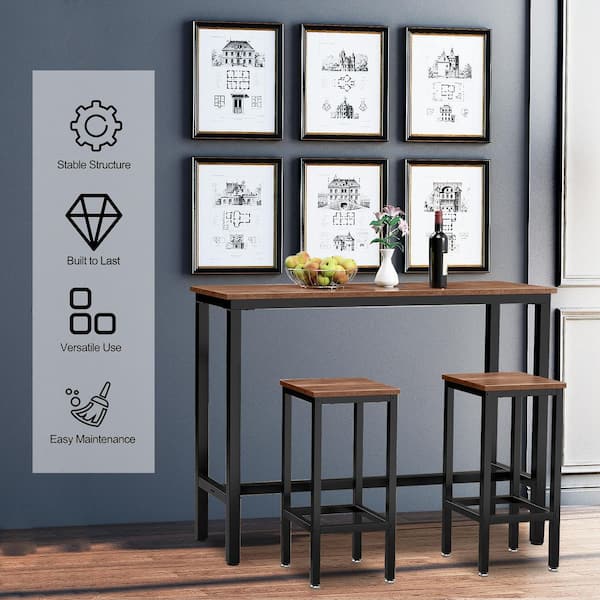 3 Pieces Bar Table Counter Breakfast Bar Dining Table with Stools-Brown