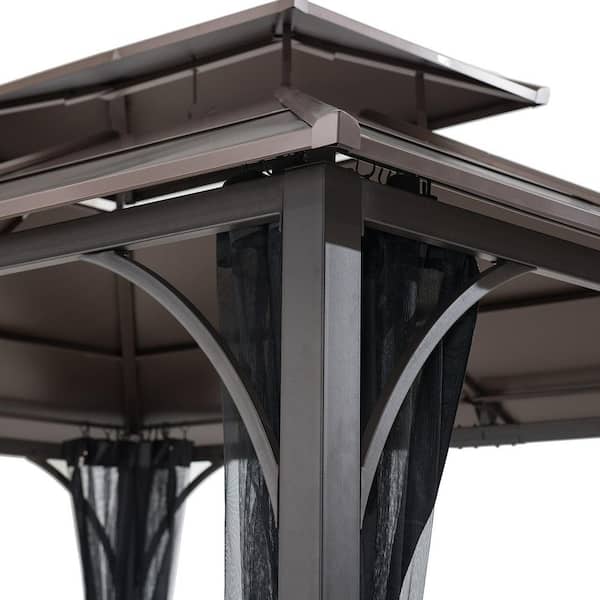 Atasha 10 ft. x 12 ft. Brown Steel Gazebo with 2-Tier Hip Roof Hardtop with Mosquito Netting