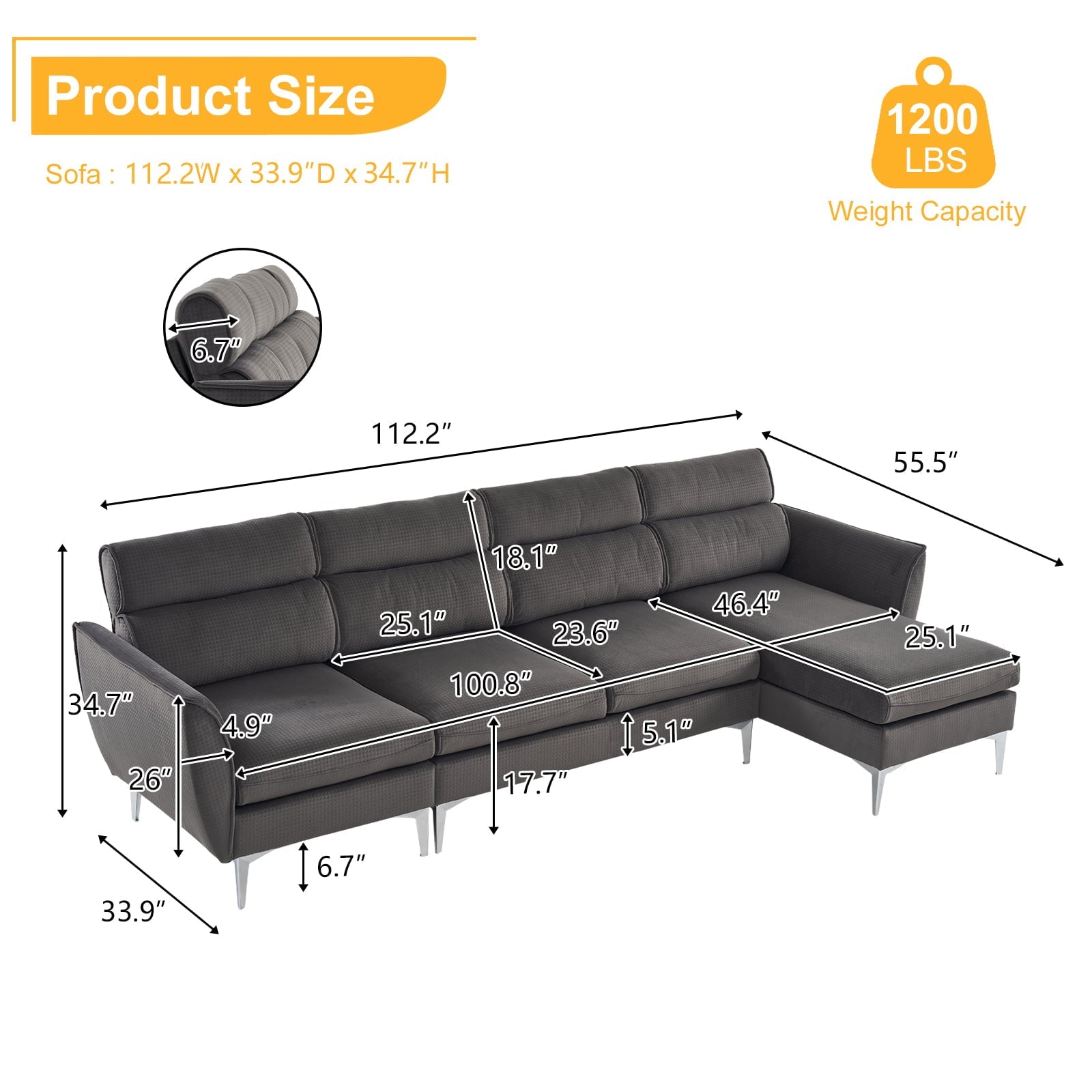 Ktaxon L Shape Sectional Sofa with Reversible Chaise, 112
