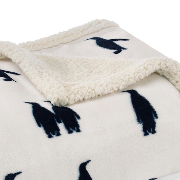 Ultra Plush Emperor Penguin Navy Sherpa Reverse Throw Blanket