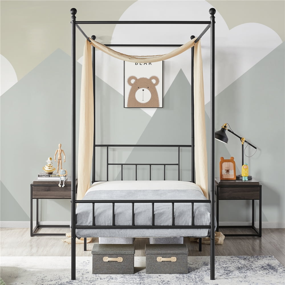 Easyfashion Juno Metal Canopy Frame Four Poster Bed with Headboard and Footboard, Black, Twin