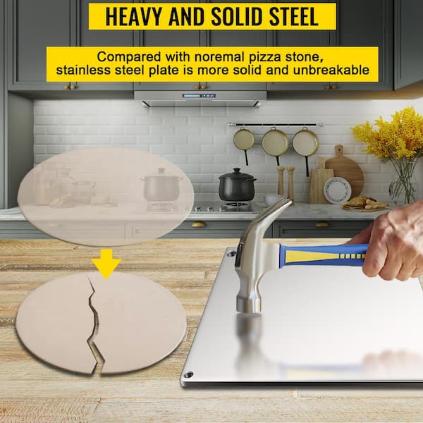 Steel Pizza Plate 14 in. x 14 in. x 0.4 in. High-Performance Square Pizza Pan with Wheel Cutter for Grill, Silver