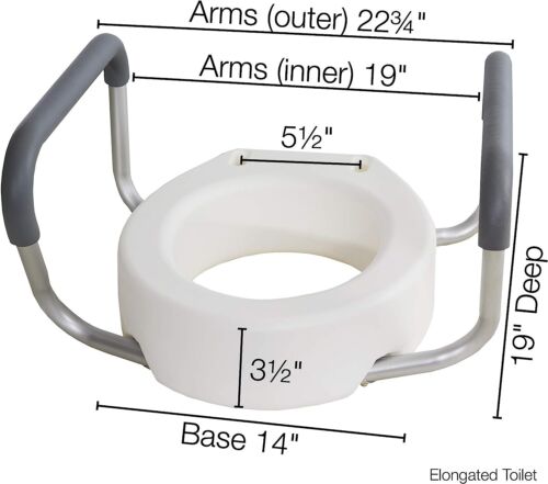 Raised Elevated Toilet Seat - Elongated Toilet Riser with Padded Aluminum Arms