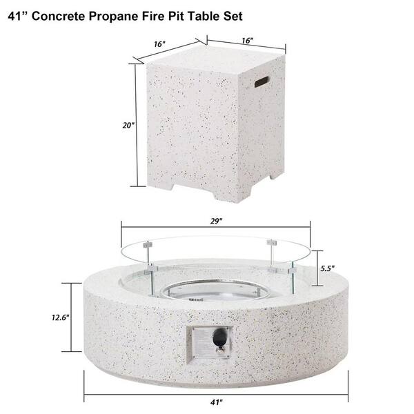 41 in. 50000 BTU Elegant White Round Composite GRFC Fire Pit Table with Glass Wind Guard and Water-Resistent Cover