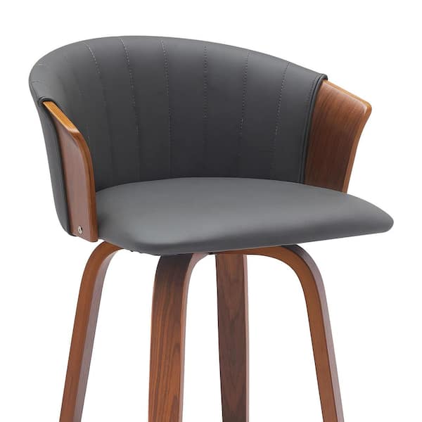 Diana Swivel 26 in. Grey/Walnut and Black Wood Counter Stool with Grey Faux Leather Seat