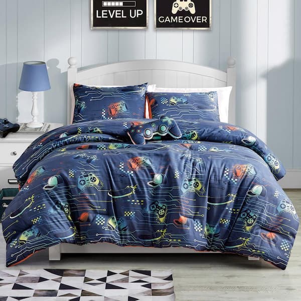 4 Piece Full/Queen Bedding Comforter Set, Ultra Soft Polyester Elegant Bedding Comforters--Navy with Game Console