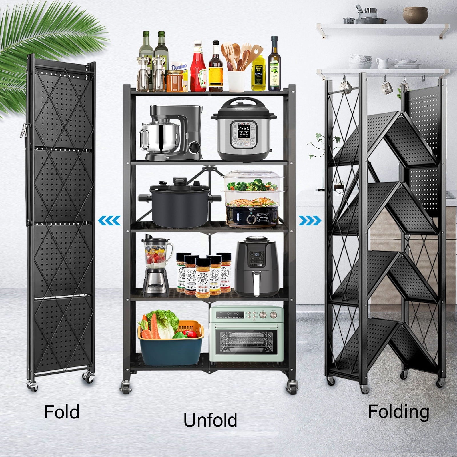 Vebreda 5 Tier Storage Shelves Foldable Metal Shelving Units Storage Racks with Lockable Wheels, Black