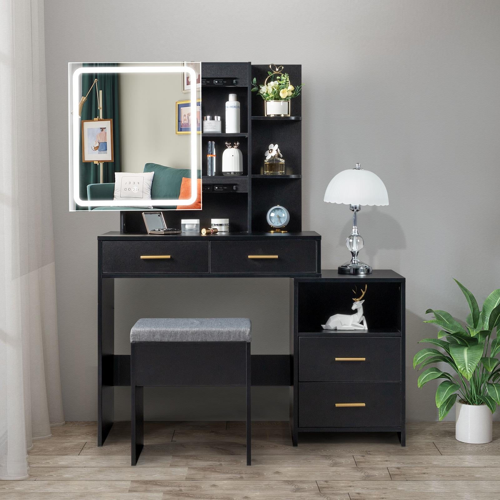 Ktaxon 3 Color Lighted Vanity Table with Sliding Mirror Vanity Set with Storage Drawers Hidden Shelves Cushion Stool White