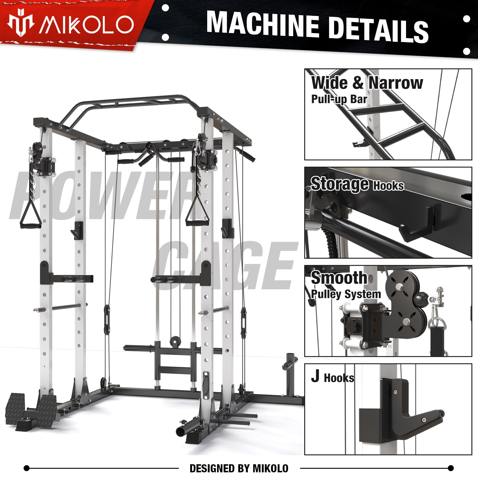 Mikolo Power Rack Cage, 1500LBS Weight Cage with 800LB Adjustable Weight Bench, Multi-Function Workout Rack Cage with Storage System, J-Hook, Band Peg, Battle Rope Ring Home Gym(2023 Version)