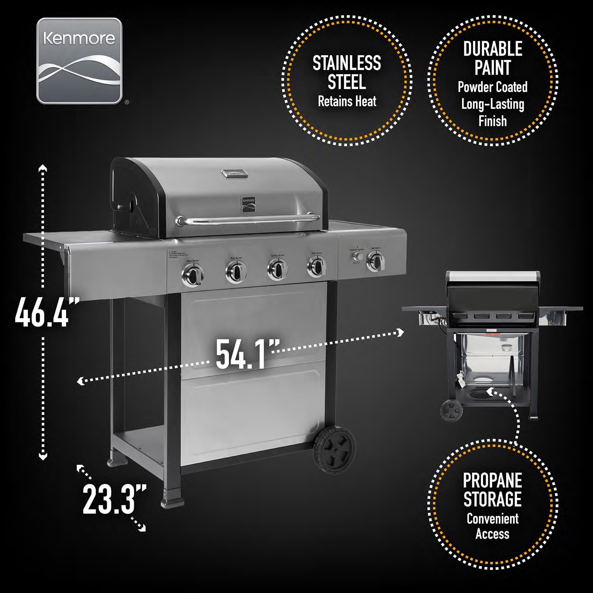 4-Burner Outdoor Propane Gas Grill with Side Burner, Open Cart, Stainless Steel