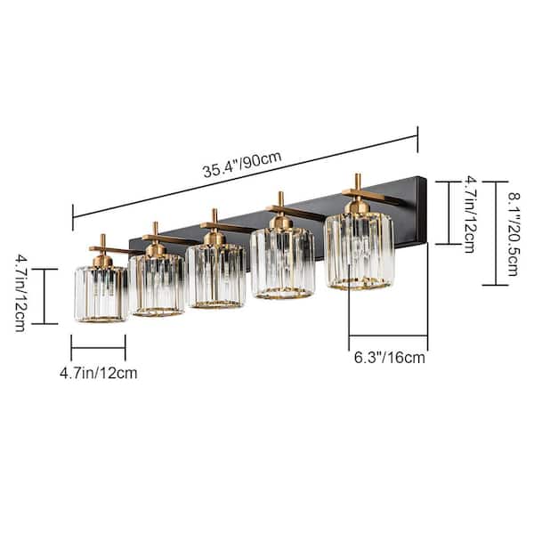 Orillia 35.4 in. 5-Light Black and Gold Bathroom Vanity Light with Crystal Shade Wall Sconce Over Mirror
