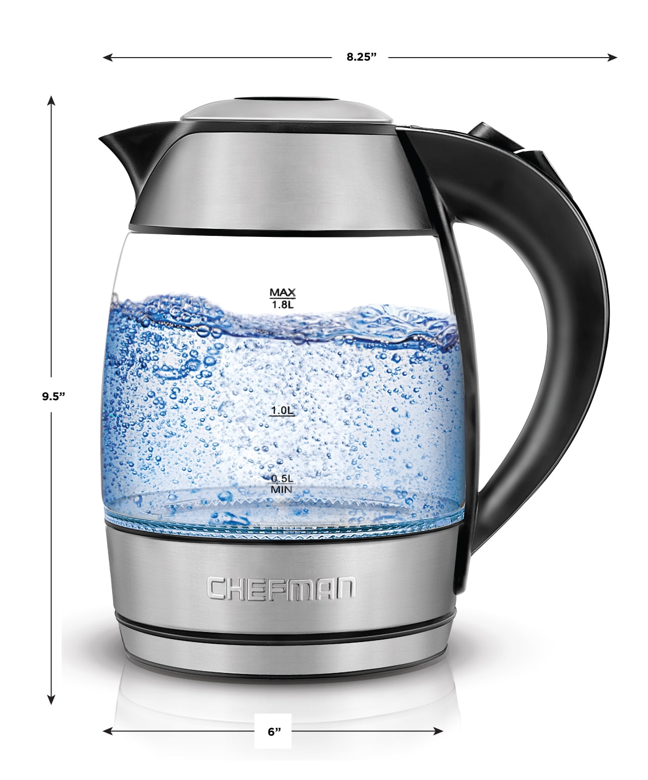 Chefman Fast Boiling 1.8L Electric Glass Kettle, Removable Tea Infuser, LED Lights, Stainless Steel