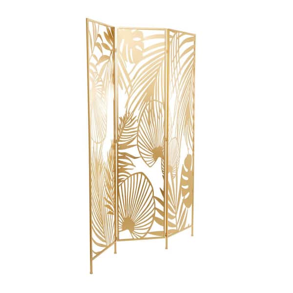 6 ft. Gold 3 Panel Hinged Foldable Partition Room Divider Screen with Palm Leaf Patterns