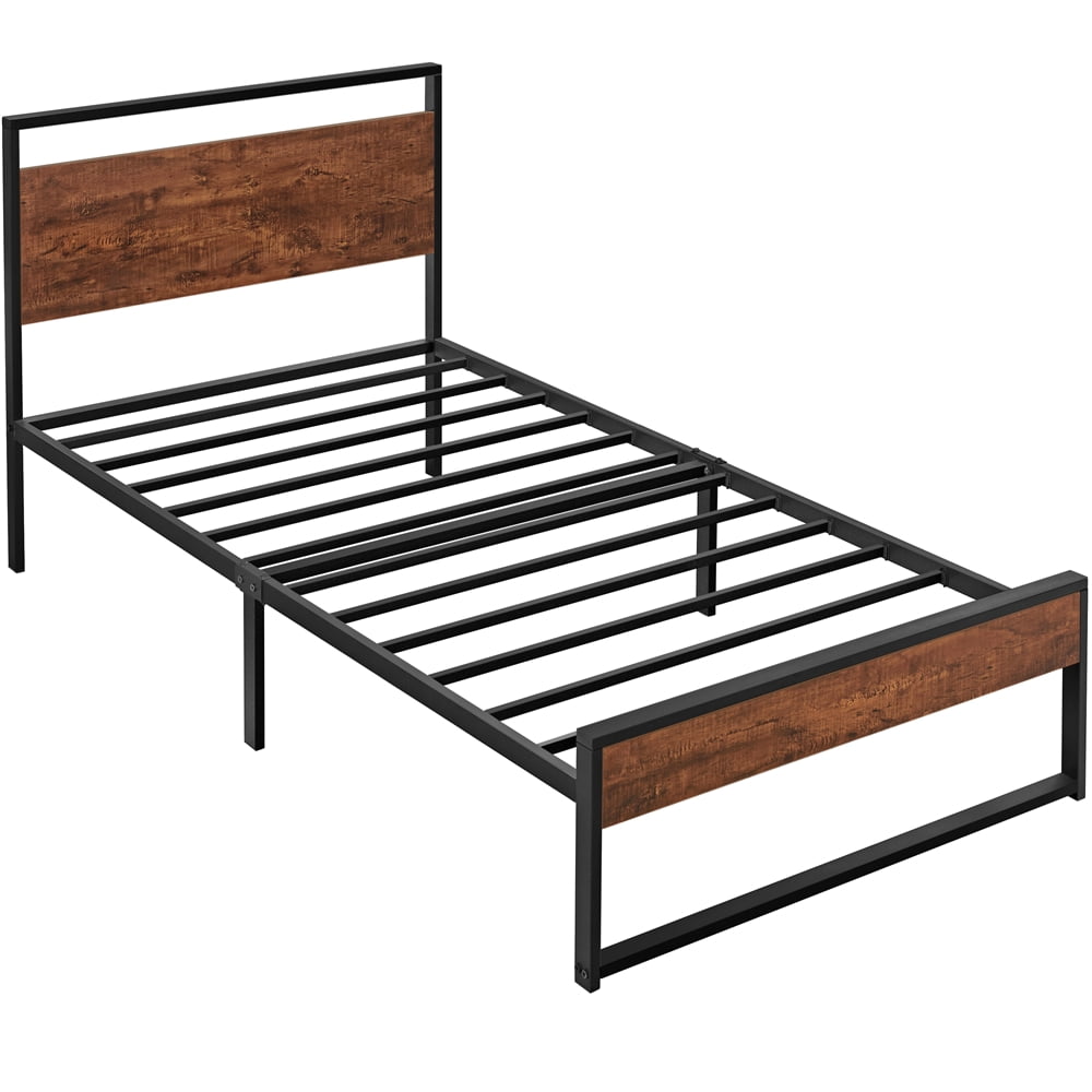Topeakmart Rustic Metal Bed Frame Slatted Bed Base with Wooden Headboard and Footboard, Twin