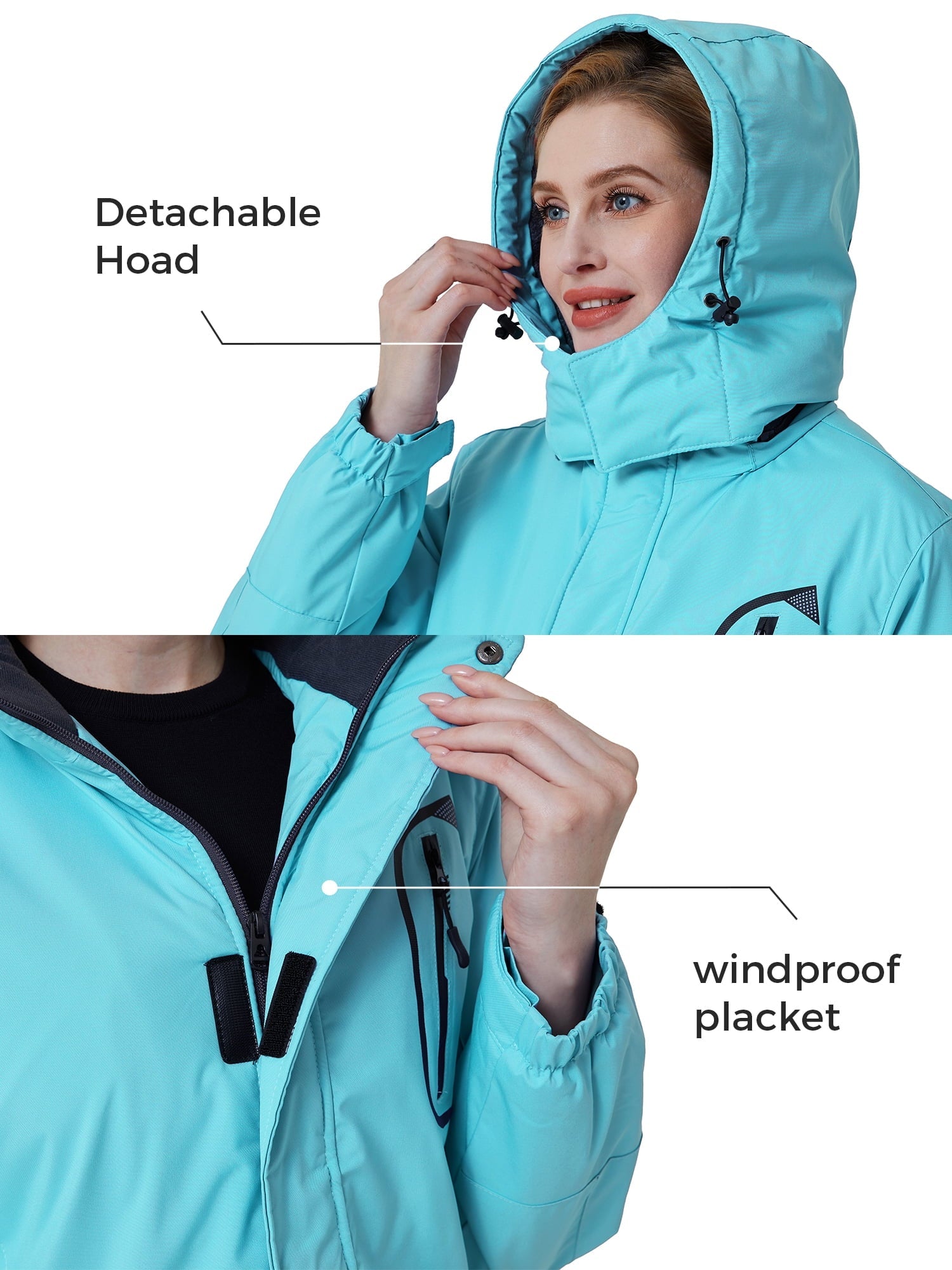 Skieer Women's Waterproof Ski Jacket Windproof Rain Jacket Winter Warm Hooded Coat Light Blue Small