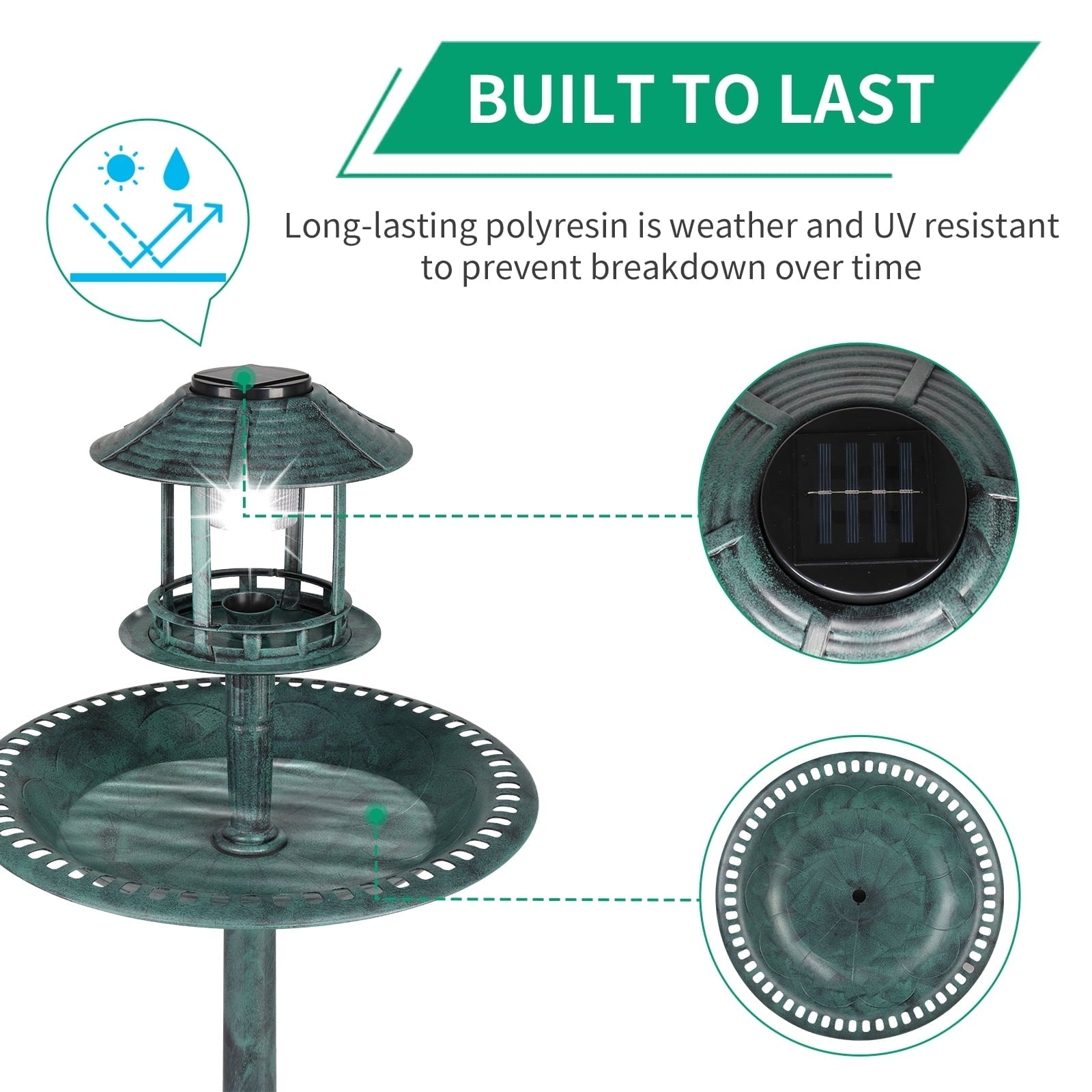 UBesGoo 42 Inch Bird Bath with Solar Light Dark Green
