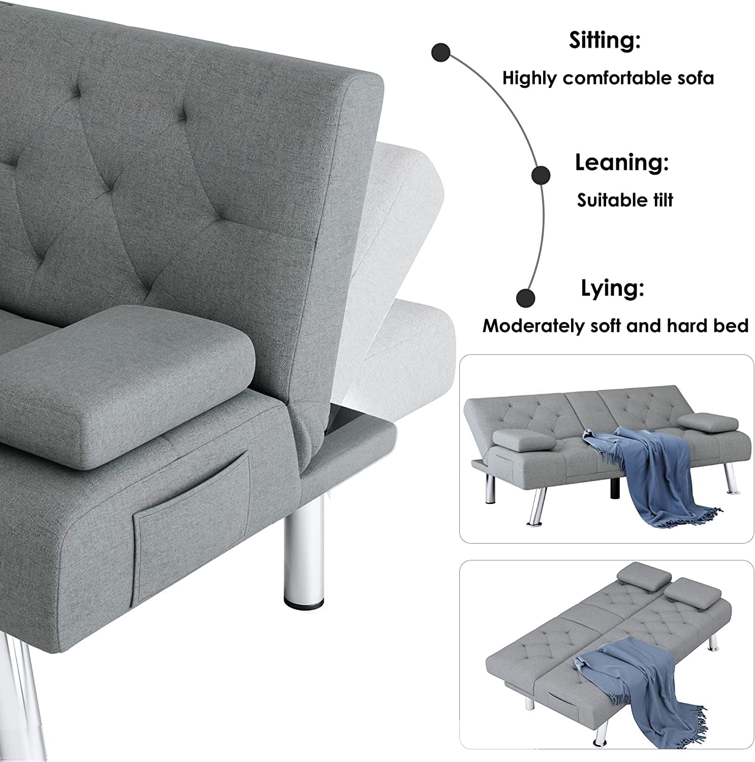 Homfa Convertible Futon Sofa Bed, 66.3'' Upholstered Removable Armrests,Gray Finish
