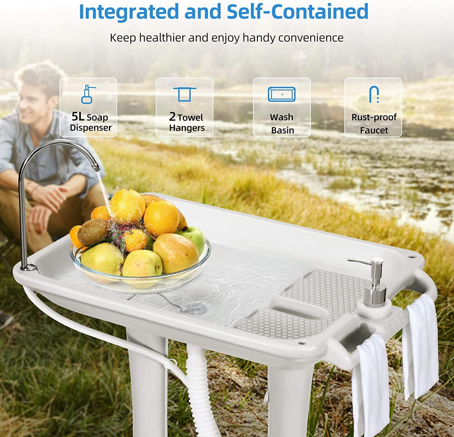 Portable Camping Sink with Rolling Wheels, Hand Washing Station with 30 L Water Capacity, Soap Dispenser, Towel Holder, Ideal for Outdoor