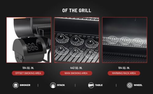 Royal Gourmet Charcoal Grill w/ Offset Smoker Wood-Painted Side & Front Table