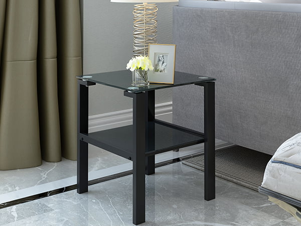 Black Glass Coffee Table Set of 3 Piece, Living Room Table Set of 3, Black Coffee Table and End Coffee Table Sets, Metal Frame (All Black A, Set of 3)