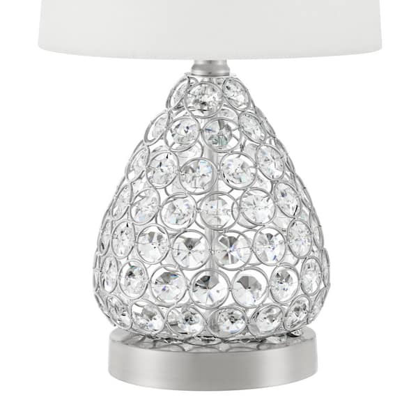 16 .5 in. Clear Crystal and Brushed Steel Table Lamp with White Fabric Drum Shade