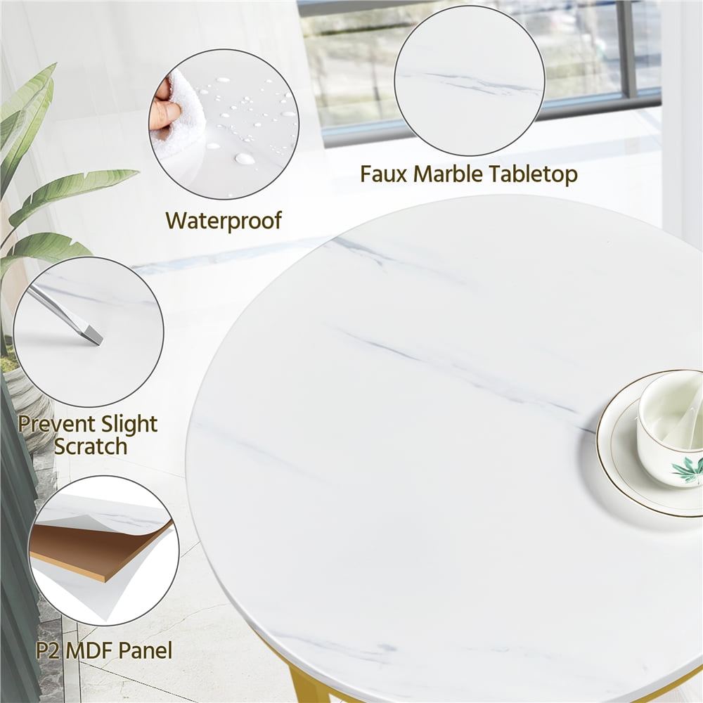 SMILE MART Wooden Top Round Faux Marble Side Table Sturdy Metal Legs Mustard Gold