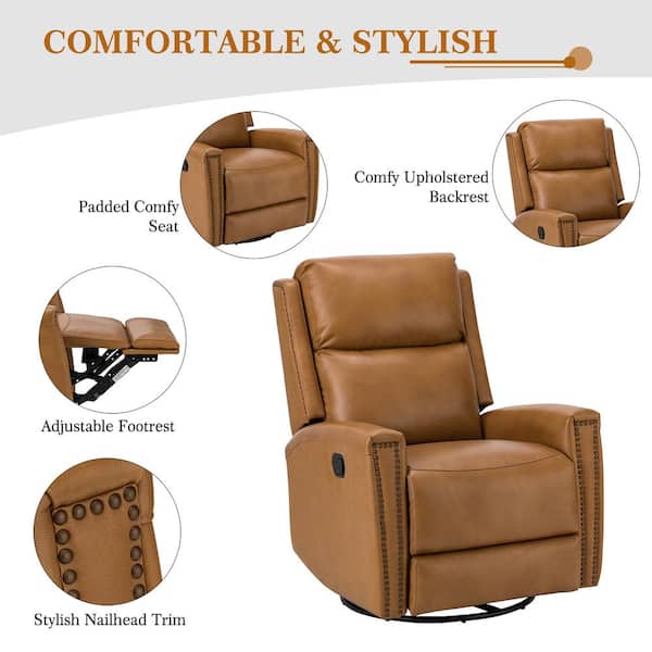 Savino 30.31 in. Wide Camel Genuine Leather Swivel Rocker Recliner with Metal Legs