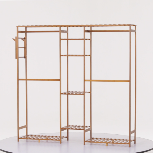 59"Brown Bamboo [DUAL COAT HANGING ROD+PANTS RACK] Garment Organizer w/Hat Hooks