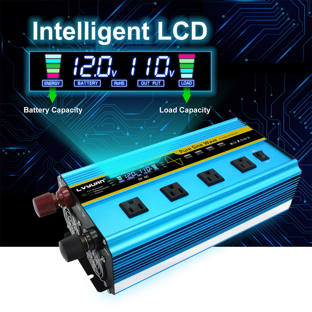 LVYUAN 3000 Watts Pure Sine Wave Power Inverter DC 12V to AC 110V 120V Converter 4USB 4AC LCD Remote Control