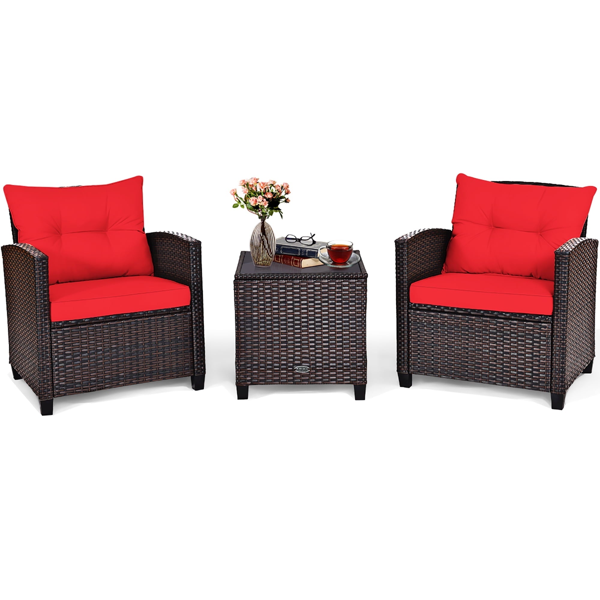 Costway 3PCS Patio Rattan Furniture Set Cushioned Conversation Set Sofa Coffee Table Red