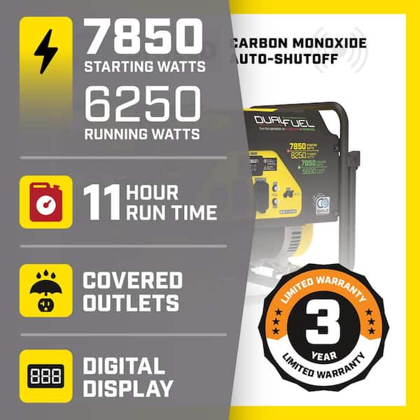 6250-Watt Gas and Propane Powered Dual-Fuel Portable Generator with CO Shield Technology