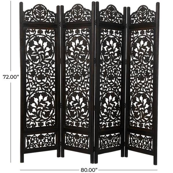 6 ft. Black 4 Panel Floral Handmade Hinged Foldable Partition Room Divider Screen with Intricately Carved Designs