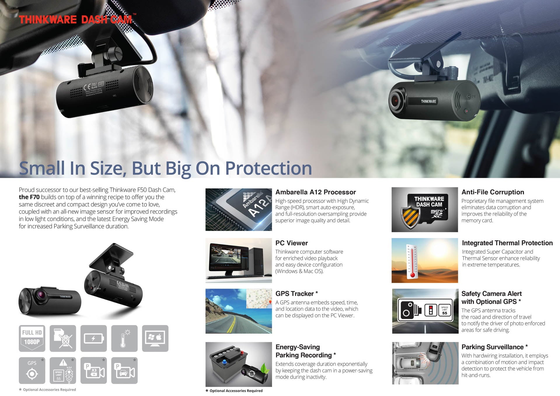 THINKWARE F70 Full HD 1080p Dash Cam with Wide Dynamic Range