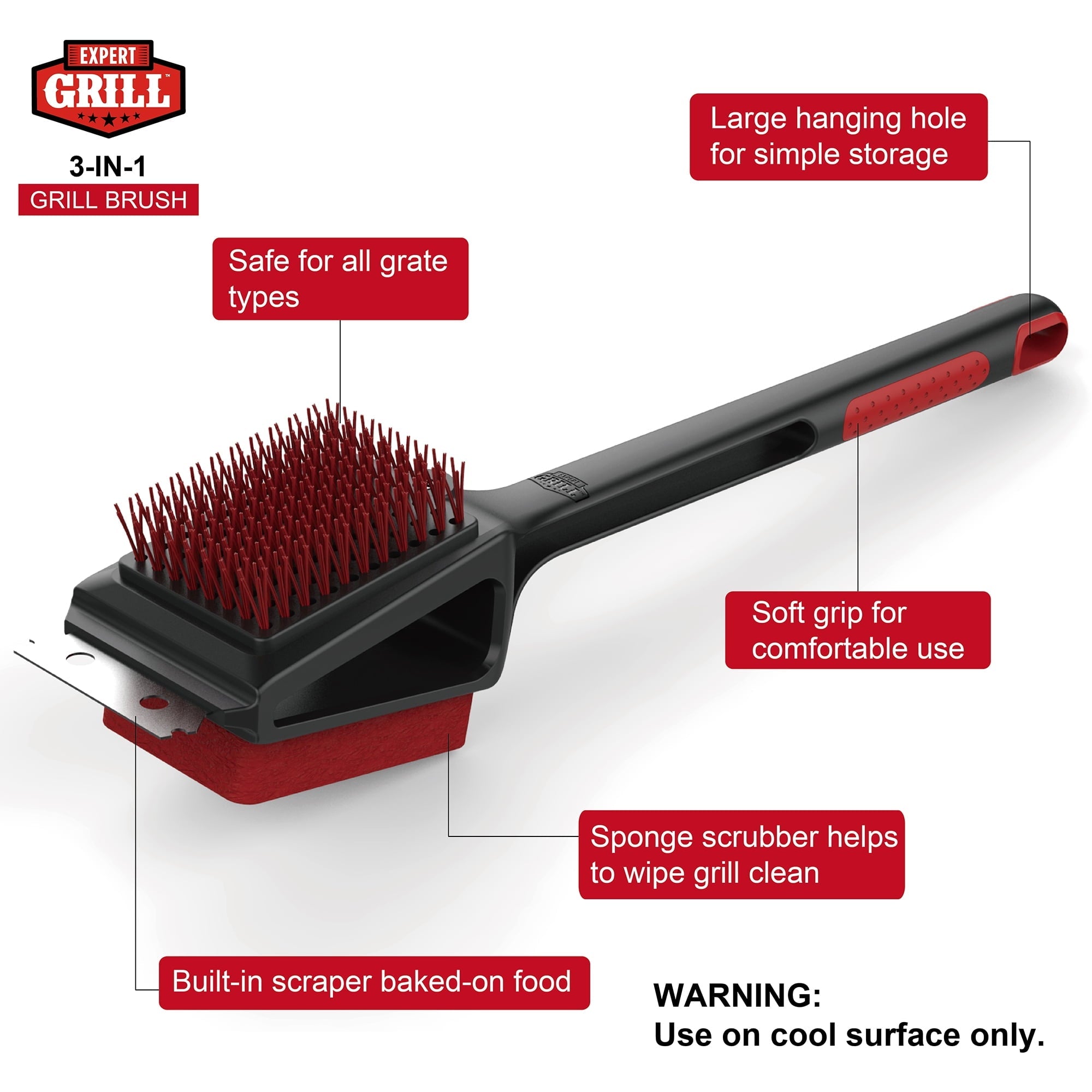 Expert Grill 3 in 1 Cleaning Grill Brush with Stainless Steel Scraper
