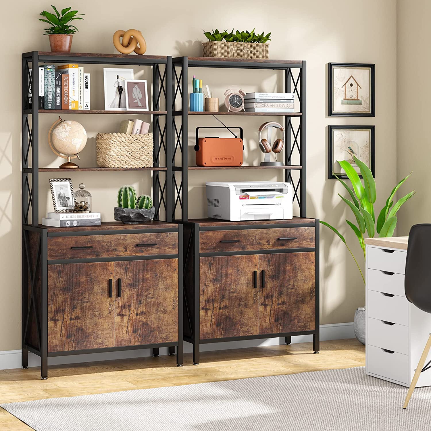Tribesigns Bookshelf with Drawer, 4 Tier Bookcase with Doors Cabinet for Living Room, Home Office, Rustic Brown & Black