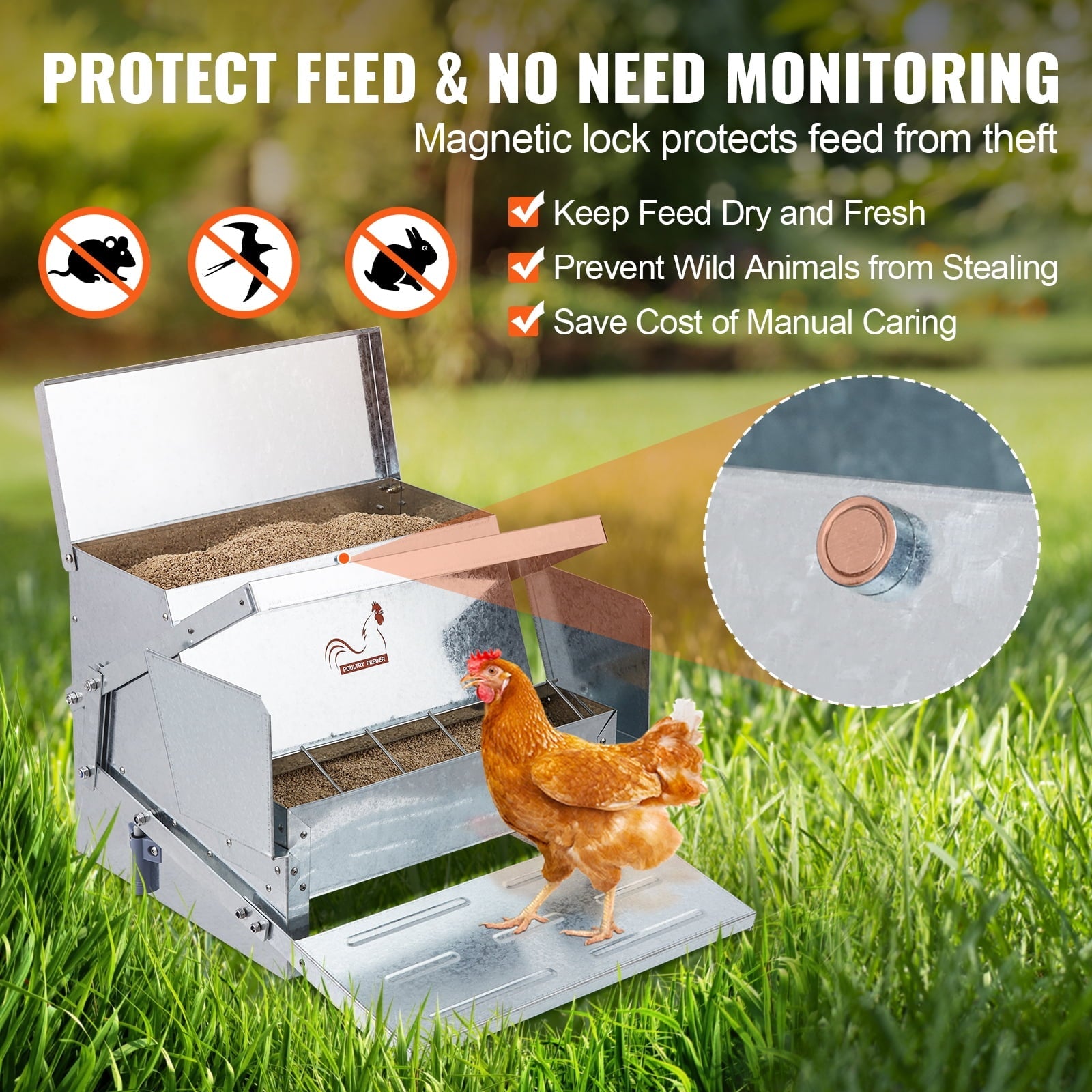 BENTISM Automatic Chicken Feeder, 25 lbs Capacity Feeds 10 Chickens up to 11 Days, Galvanized Steel Poultry Feeder with Waterproof Lid, Bird Rat Prevention, for Chickens, Pheasants, or Roosters