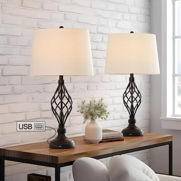 28 in. Bronze USB Table Lamp with White Linen Shade