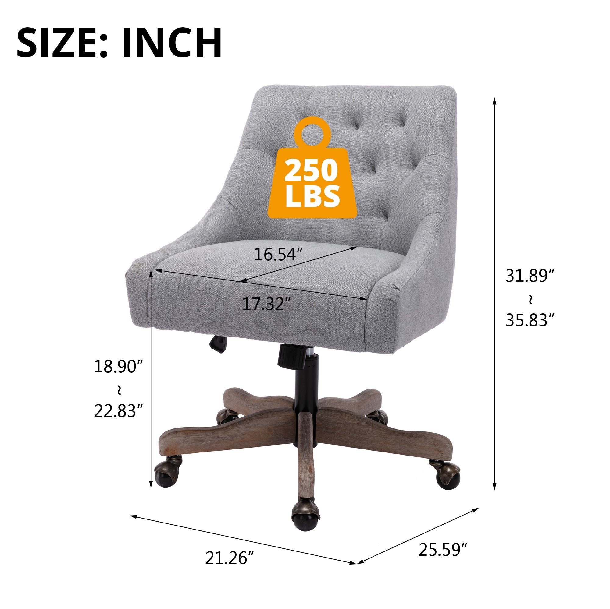 Swivel Shell Office Chair, Modern Fabric Upholstered Tufted Accent Computer Desk Chair with Ergonomic Wide Backrest and Wooden Legs, Height Adjustable Swivel Vanity Chair for Office, Grey