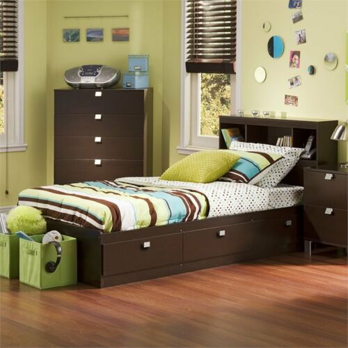 South Shore Spark Twin Storage Bed with Bookcase Headboard in Chocolate