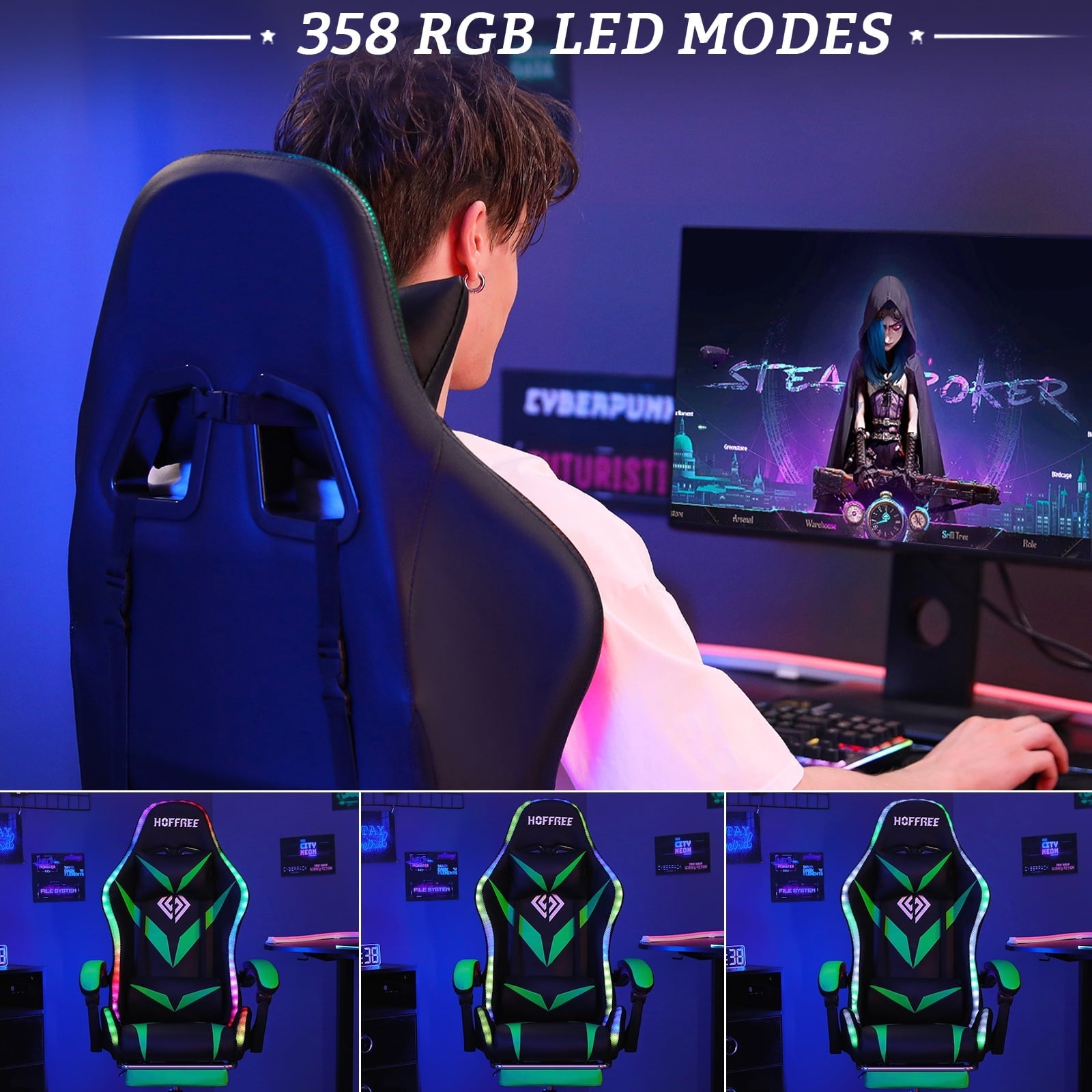 HOFFREE Gaming Chair with RGB LED Lights Ergonomic Computer Chair with Massage Lumbar Pillow Linkage Armrest Reclining Leather Video Game Chair Racing Style for Home Office