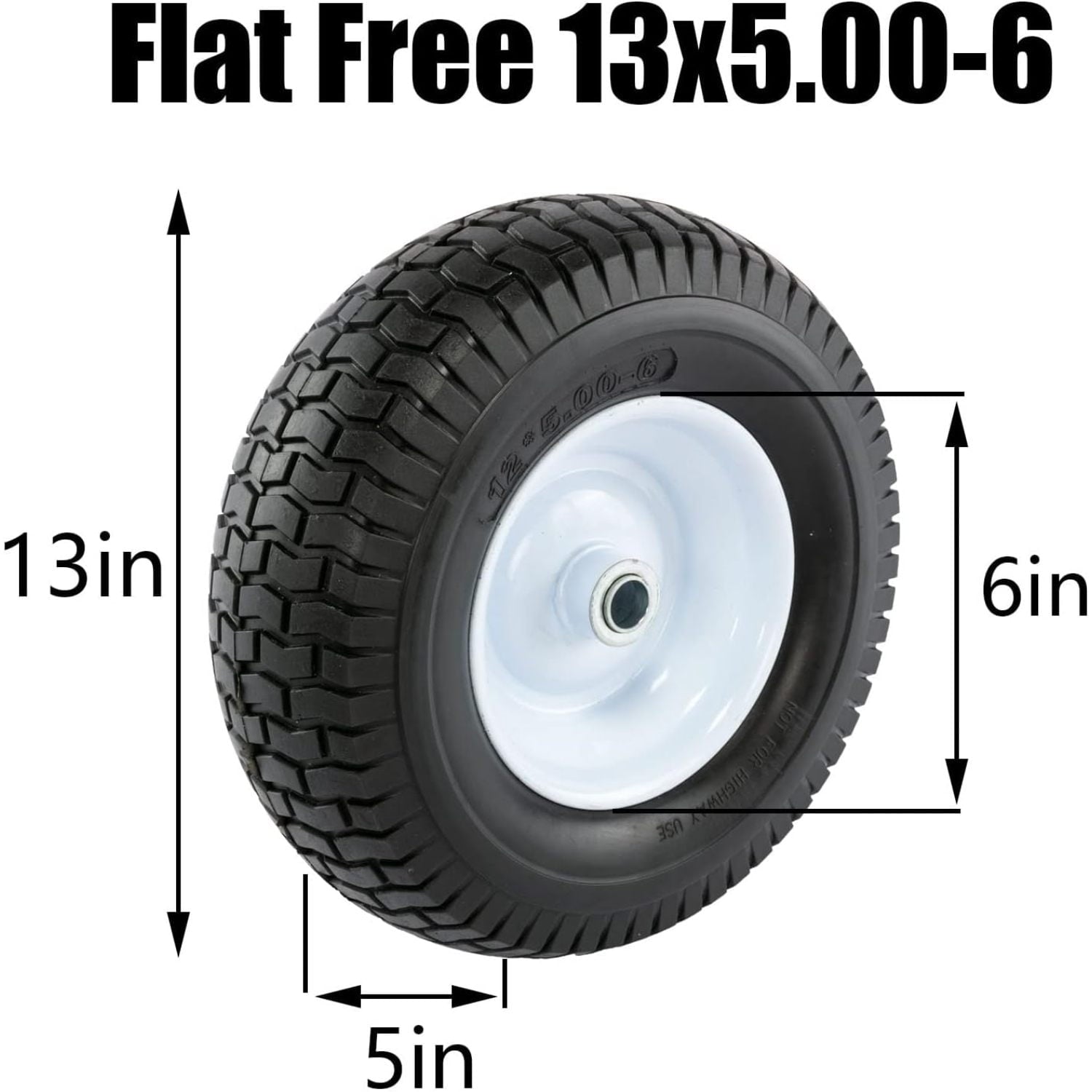 13x5.00-6 Front Flat Free Tire and Wheel Assembly with 3/4 & 5/8 Bearing, 3” Hub Riding Mower Lawn Tire 5.00-6, 13 inch No-Flat Solid Rubber Turf Wheel for Garden Tractor Truck Wheelbarrow Cart