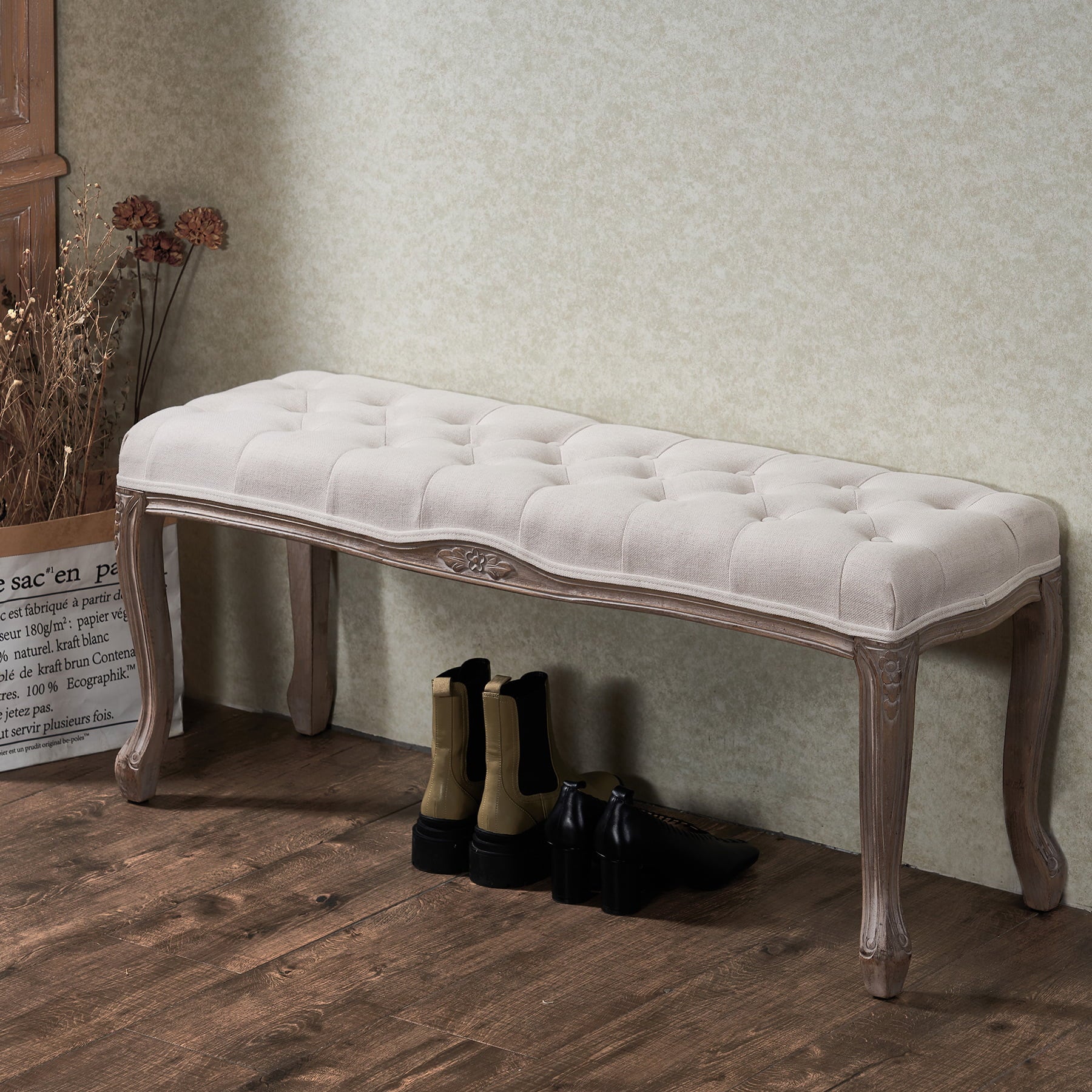 Upholstered Entryway Bench Piano Shoe Ottoman Bench with Fabric Cushion Cover