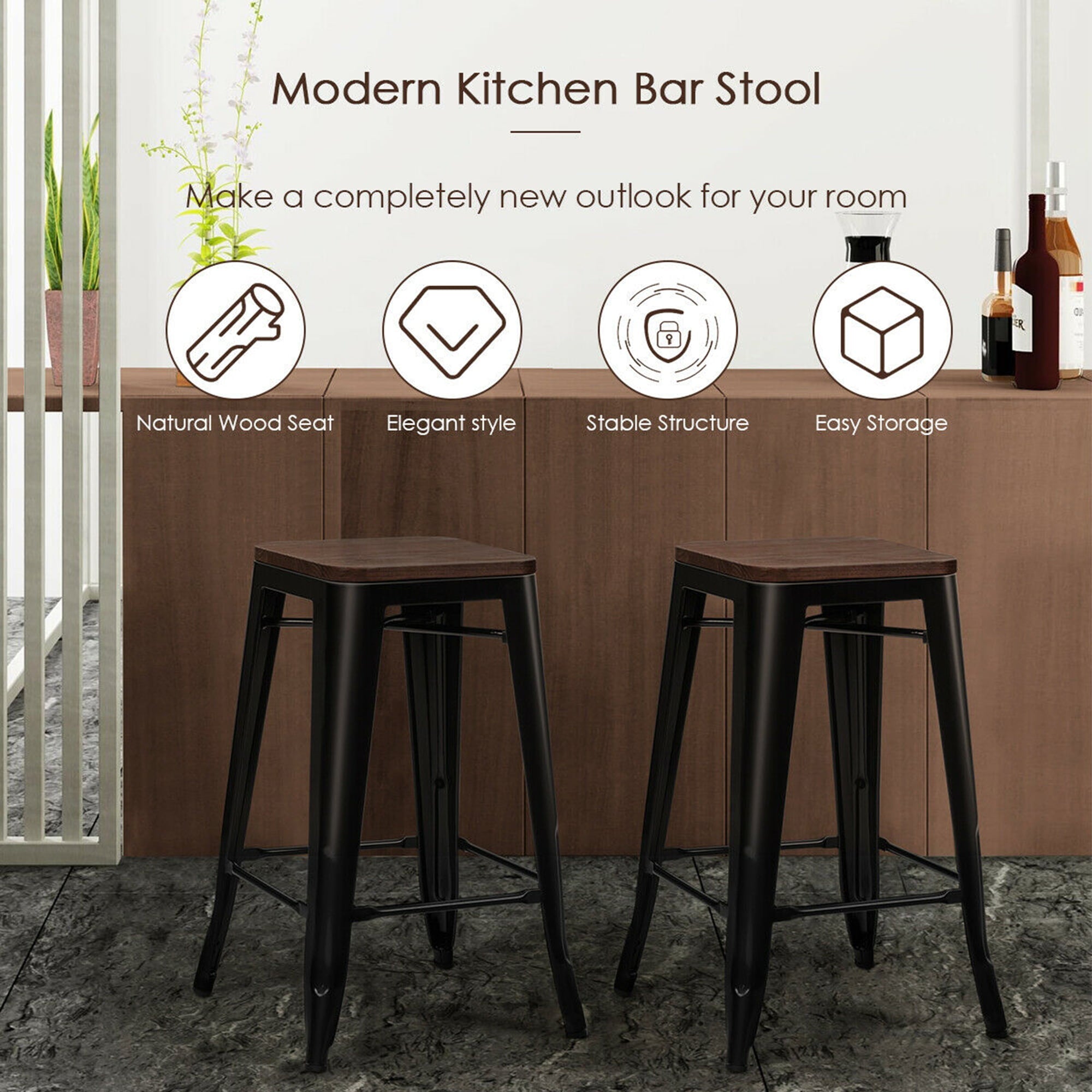 Gymax Set of 4 Counter Height Backless Barstool 26'' Metal Stackable Stool w/Wood Seat
