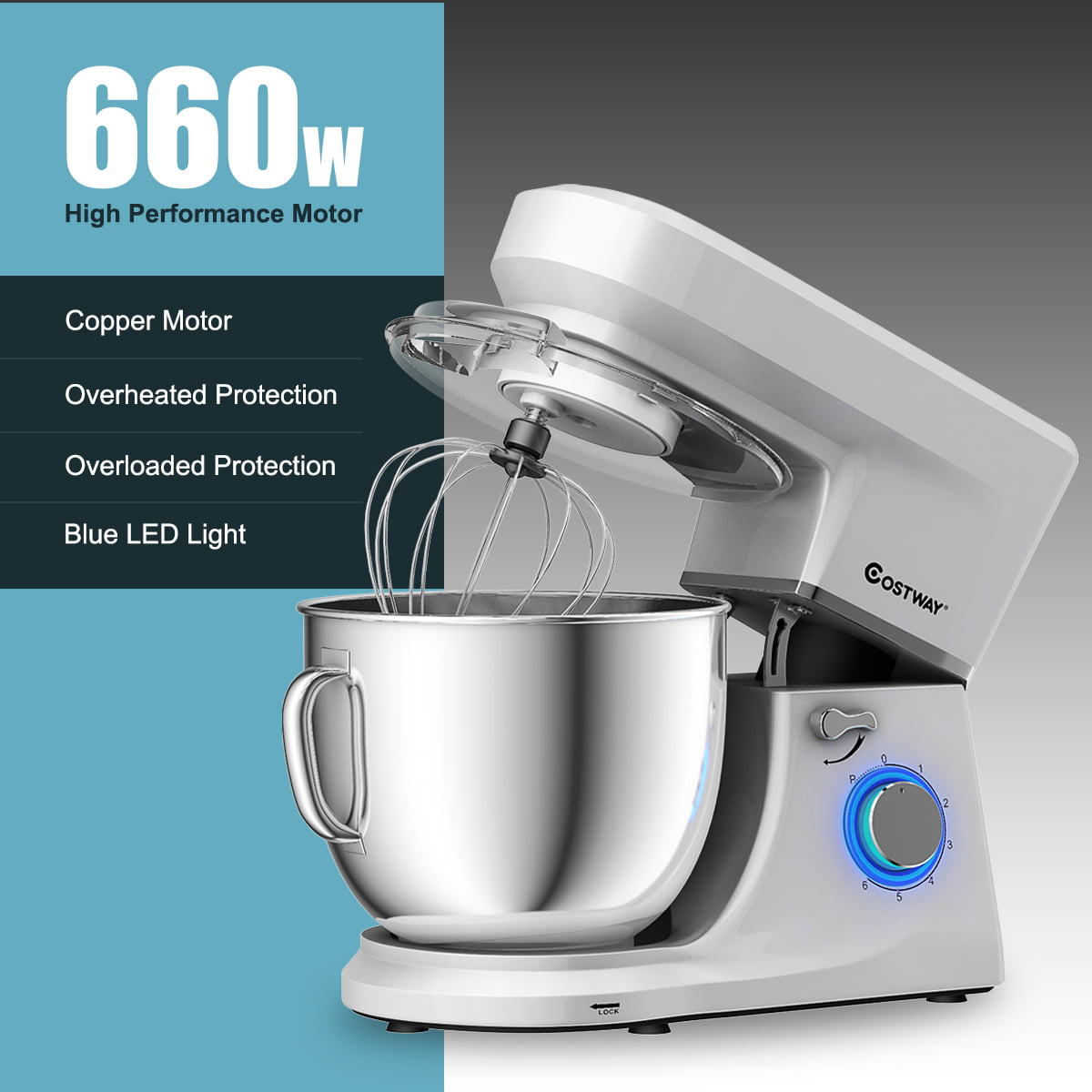 Costway Tilt-Head Stand Mixer 7.5 Qt 6 Speed 660W with Dough Hook, Whisk & Beater Silver
