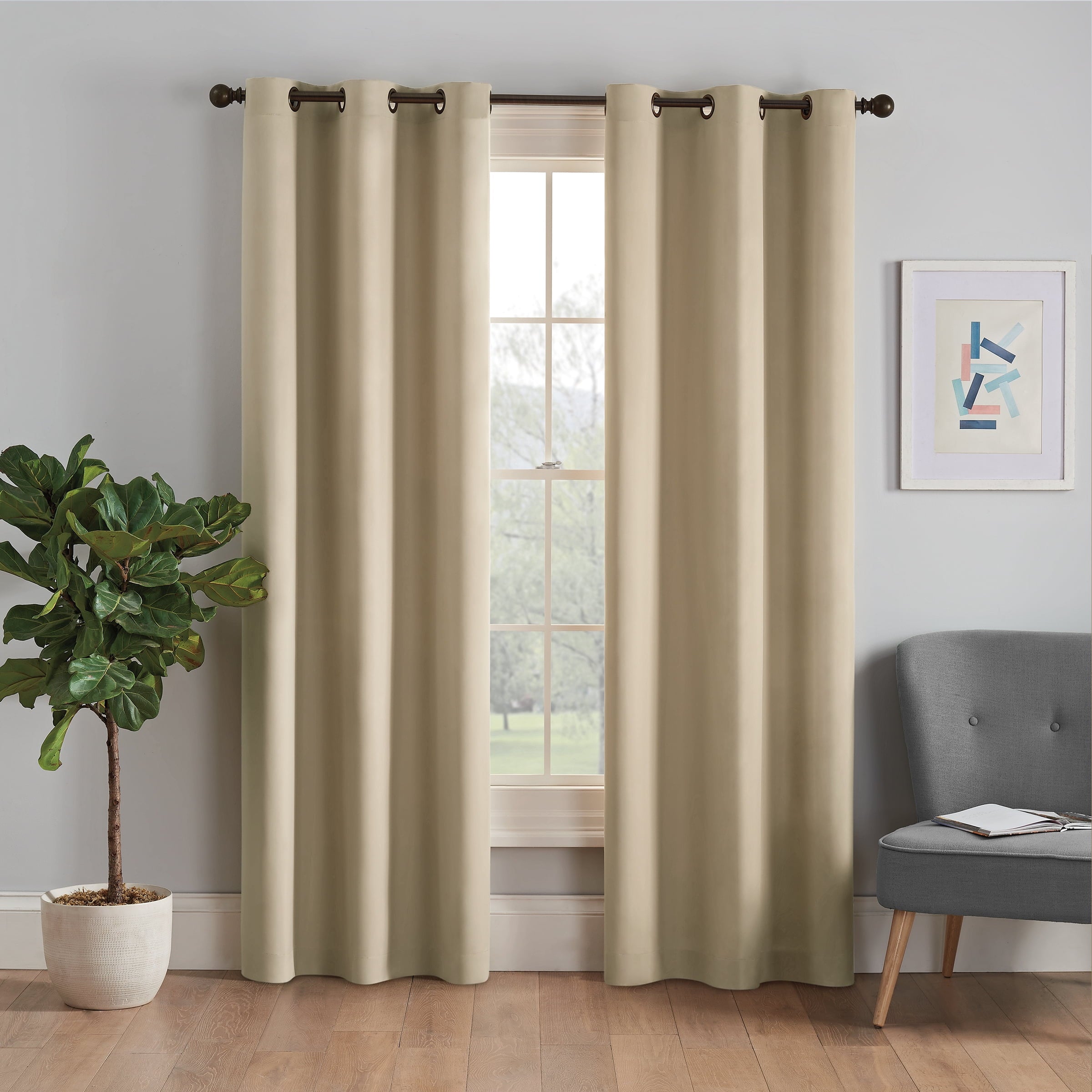 Eclipse Microfiber Energy-Efficient Solid Blackout Grommet Top Single Window Curtain Panel, Beige, 42 x 63