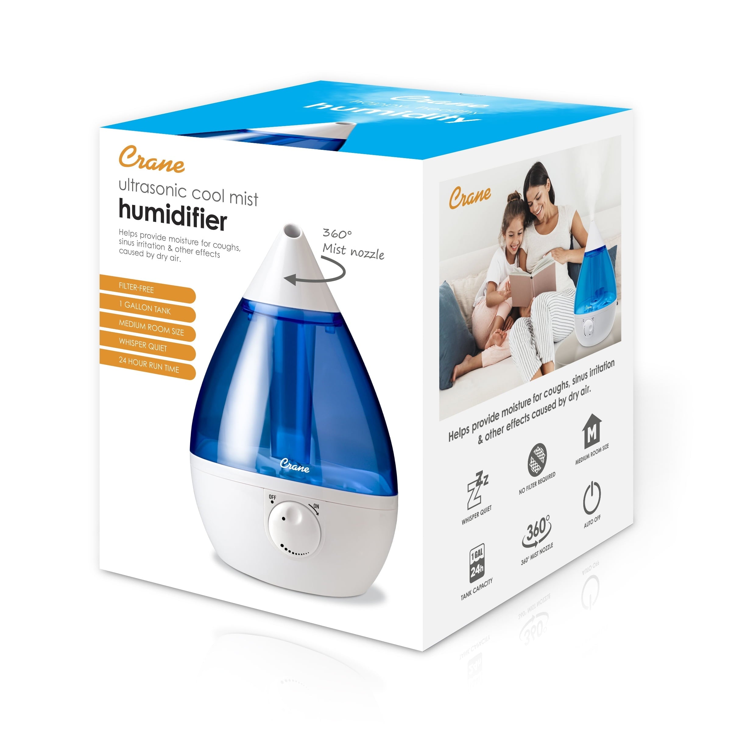 Crane Drop Ultrasonic Cool Mist Humidifier, 1.0 Gallon, 24 Hour Run Time, Whisper Quiet, 500 Sq. Ft. Coverage, Blue/White
