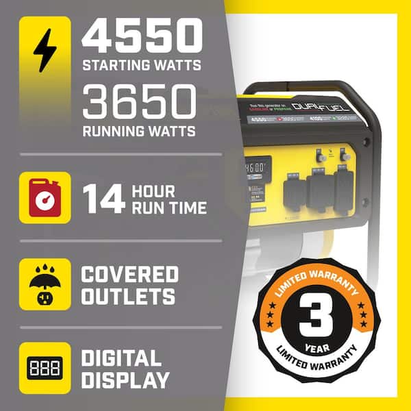 4550-Watt/3650-Watt Recoil Start Gas and Propane Dual Fuel Powered RV Ready Portable Generator with CO Shield